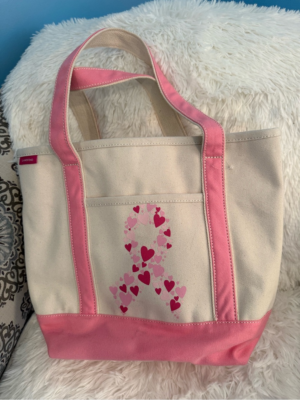 Lands End Canvas Tote Pink Breast Cancer Ribbon